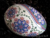 Ring Around The Rosie Ukrainian Easter Egg Pysanky By So Jeo : pysanky pysanka ukrainian easter egg batik art sojeo florals flowers birds stars trees vines blooms buds bluebird owl art sojeo "so jeo" eggshell egg shell blown decoration ivy garden rainbow rosie posy nightshad victorian trees etched brown chicken eggs turkey
